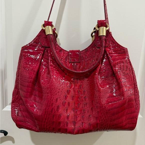 Brahmin Celia Heat Melbourne Bag Embossed Leather Satchel Dark Pink Violet Red - Picture 3 of 10